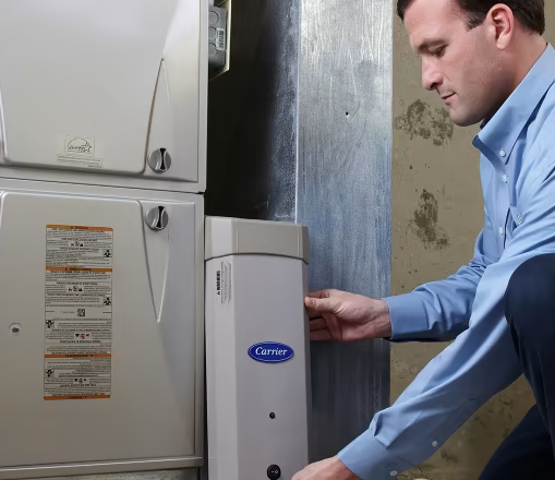Carrier Technician installing a furnace. | Advanced Heating and Air Conditioning